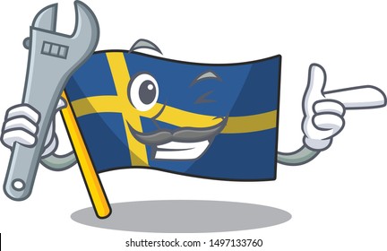 Mechanic swede flags flutter on character pole