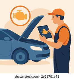 Mechanic with tablet performing car diagnostics and engine check in an automotive industry setting.