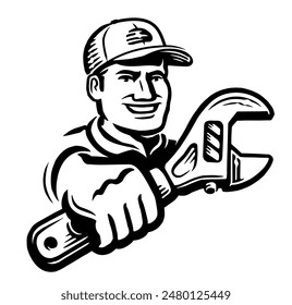 Mechanic, technician with adjustable wrench, tool emblem. Construction work, repair service logo. Vector illustration