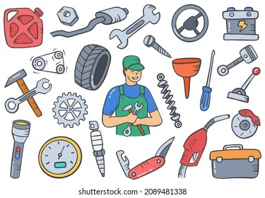 mechanic or technician jobs or job career profession doodle hand drawn set collections with flat outline style