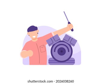 mechanic, technician, repairman concept. illustration of a male engineer repairing a machine or engine. job or profession. flat cartoon style. vector design