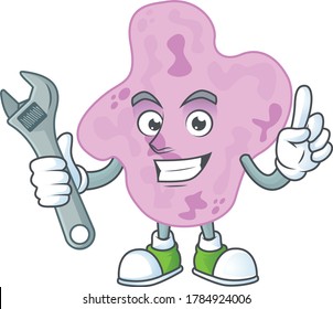 A mechanic tetracoccus mascot character fix a broken machine. Vector illustration