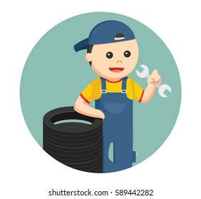 mechanic with tires in circle background