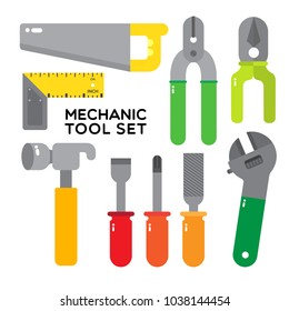 Mechanic tool set composed with typical hand tool, hammer, saw, ruler, screwdriver, phillips. pliers, cutting pliers, wrench or spanner.