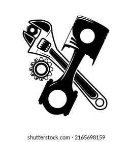 mechanic tools, adjustable and piston with gear vector illustration in black and white color. suitable for automotive logo