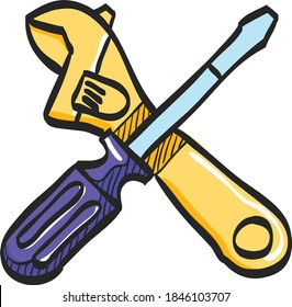 Icono de herramientas mecánicas en el dibujo de color. Ajuste profesional de mantenimiento de ajuste mecánico de ajuste de controlador de tornillo de llave