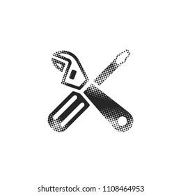 Mechanic tools icon in halftone style. Black and white monochrome vector illustration.