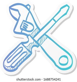 Mechanic tools icon in sticker color style. Wrench screw driver mechanic setting maintenance professional setting