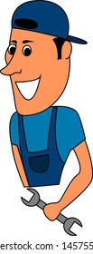 Mechanic with tools, illustration, vector on white background.