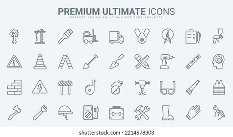 Mechanic tools and industry equipment thin line icons set vector illustration. Outline instruments from workers toolbox to measure and repair, fix toolkit for work, construction technology symbols