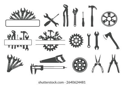 Mechanic tools vectors, Tools monogram, Repair tools vectors, Mechanic tools silhouette.