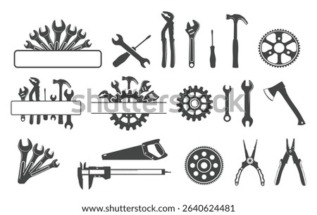 Mechanic tools vectors, Tools monogram, Repair tools vectors, Mechanic tools silhouette.