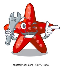 Mechanic toy red starfish cartoon above table