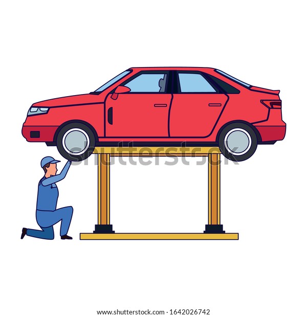 mechanic under a lifted car\
fixing it over white background, colorful design, vector\
illustration