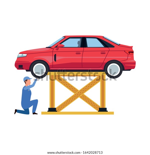 mechanic under a lifted car fixing it\
over white background, flat design, vector\
illustration