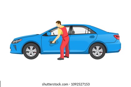 Mechanic in uniform washes car after repairment. Modern vehicle that has blue corpus and overalls on man with cloth isolated vector illustration.