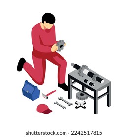 Mecánica en uniforme de trabajo con herramientas de construcción Ilustración vectorial isométrica 3d