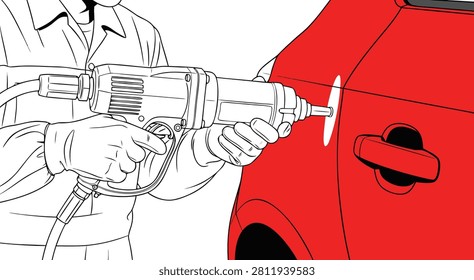 A mechanic uses a dent puller tool on a red car door, demonstrating automotive repair techniques in a detailed illustration.