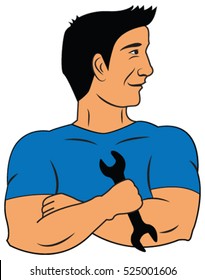 Mechanic vector holding a wrench and smiling  Wrench icon. Mechanical  services, repairs,  connection, maintenance, electrical and operation engineering work vector design.  Car mechanic.