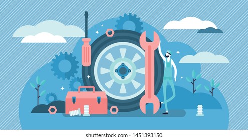 Mechanic vector illustration. Flat tiny tech occupation persons concept. Professional job service for machinery repair, maintenance, fix or production. Garage industrial work with technical car tools.