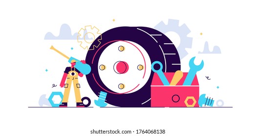 Mechanic vector illustration. Flat tiny tech occupation persons concept. Professional job service for machinery repair, maintenance, fix or production. Garage industrial work with technical car tools.