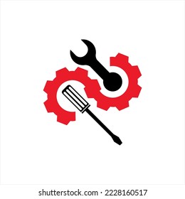 Mechanic vector logo design with wrench, gear and screwdriver. Infinity concept