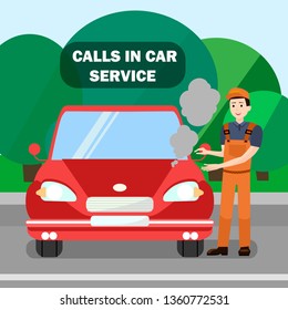 Mechanic, Vehicle Breakdown Flat Banner Template. Call in Car Service Typography. Car, Automobile with Overheated Engine. Cartoon Repairman Checking Motor Problem Vector Illustration