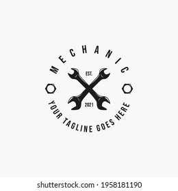 Mechanic vintage badge logo vector illustration design. spanner logo concept