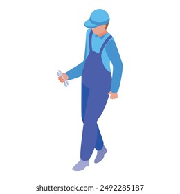 Mechanic walking and holding a wrench getting ready to repair something isometric 3d illustration
