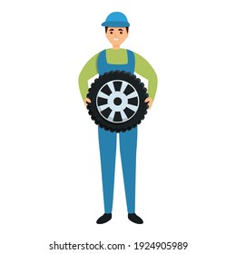 Mechanic with wheel icon. Cartoon of mechanic with wheel vector icon for web design isolated on white background