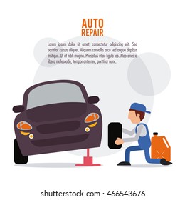 mechanic wheel man cartoon vehicle car auto rapair service maintenance icon. Colorful illustration. Vector graphic