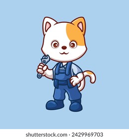 Mechanic White Cat Cute Cartoon Illustration