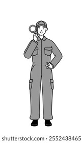 A mechanic woman in coveralls holding a magnifying glass and placing her hand on her hip, Vector Illustration