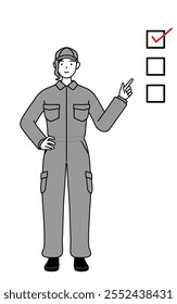 A mechanic woman in coveralls pointing to a checklist, Vector Illustration