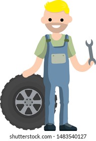 Mechanic at work. Man in blue jumpsuit hold wrench in hand. Wheel and tire of car. Technical work. Repair and service.