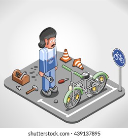 Mechanic at work on a bicycle parking lot (isometric view)