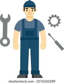 mechanic with work tools, professions theme, clipart illustration