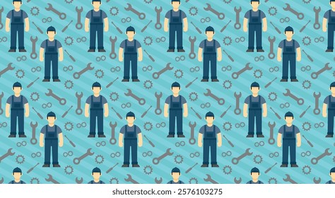 mechanic with work tools, professions theme, clipart illustration, pattern repeat