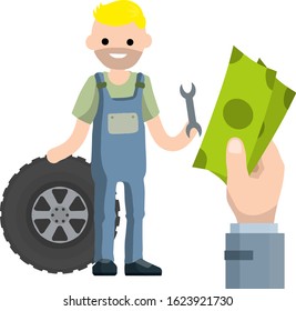 Mechanic at work. Wheel and tire of car. Technical work. Repair and service. Man in blue jumpsuit hold wrench. Big hand with green money. Purchase of services and payment of labor. Flat illustration