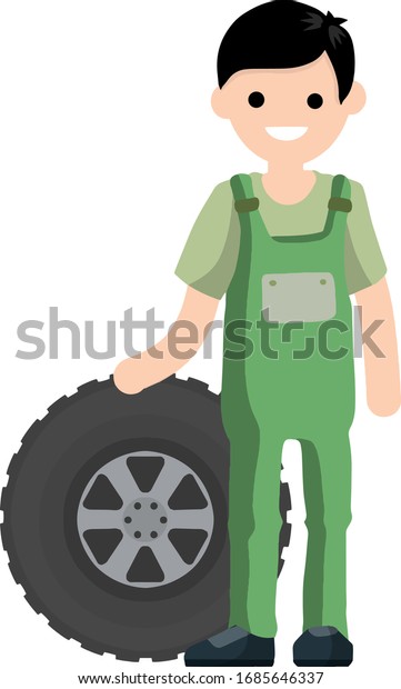 Mechanic\
at work. Wheel and tire of car. Technical work. Repair and service.\
Man in blue jumpsuit. Cartoon flat\
illustration