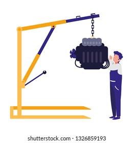 mechanic worker with car engine hanging