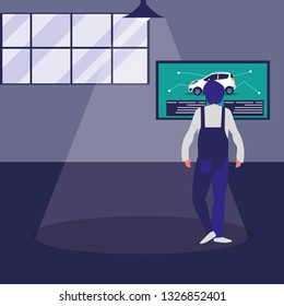 mechanic worker with car instruction poster