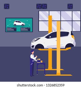 mechanic worker with car in platform