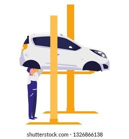 mechanic worker with car in platform