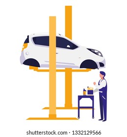 mechanic worker with car in platform