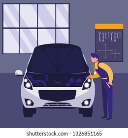 mechanic worker with car in the workshop
