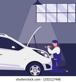mechanic worker with car in the workshop