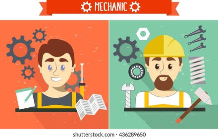 Mechanic worker, in different colors, avatar drawn characters.