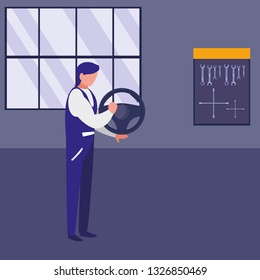 mechanic worker with drive wheel car