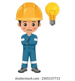 Mechanic worker expressing doubt. Focus representing an idea. Concept for the generation of ideas. Engineer with his personal protective equipment. Industrial safety and occupational health at work
